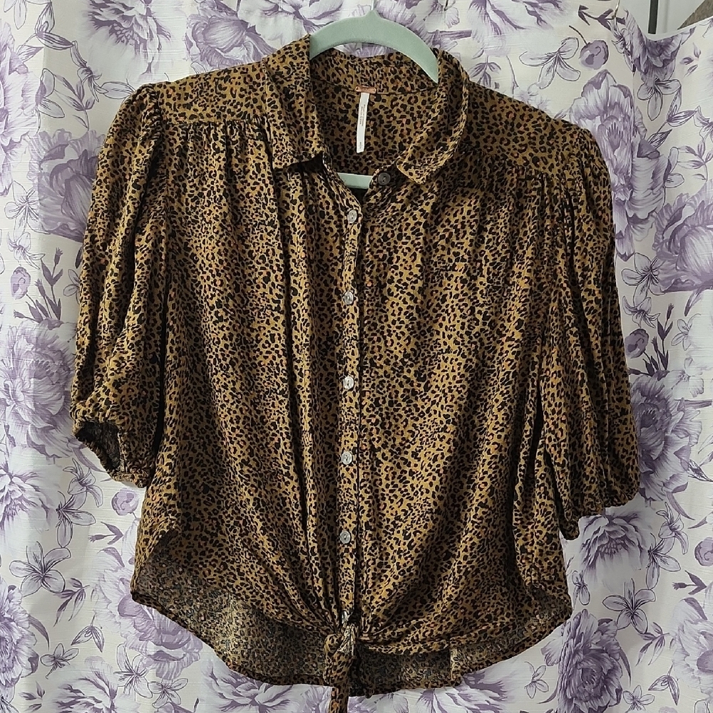 Free People‎ Celia Leopard Print Button Down Tie Front Brown S/P